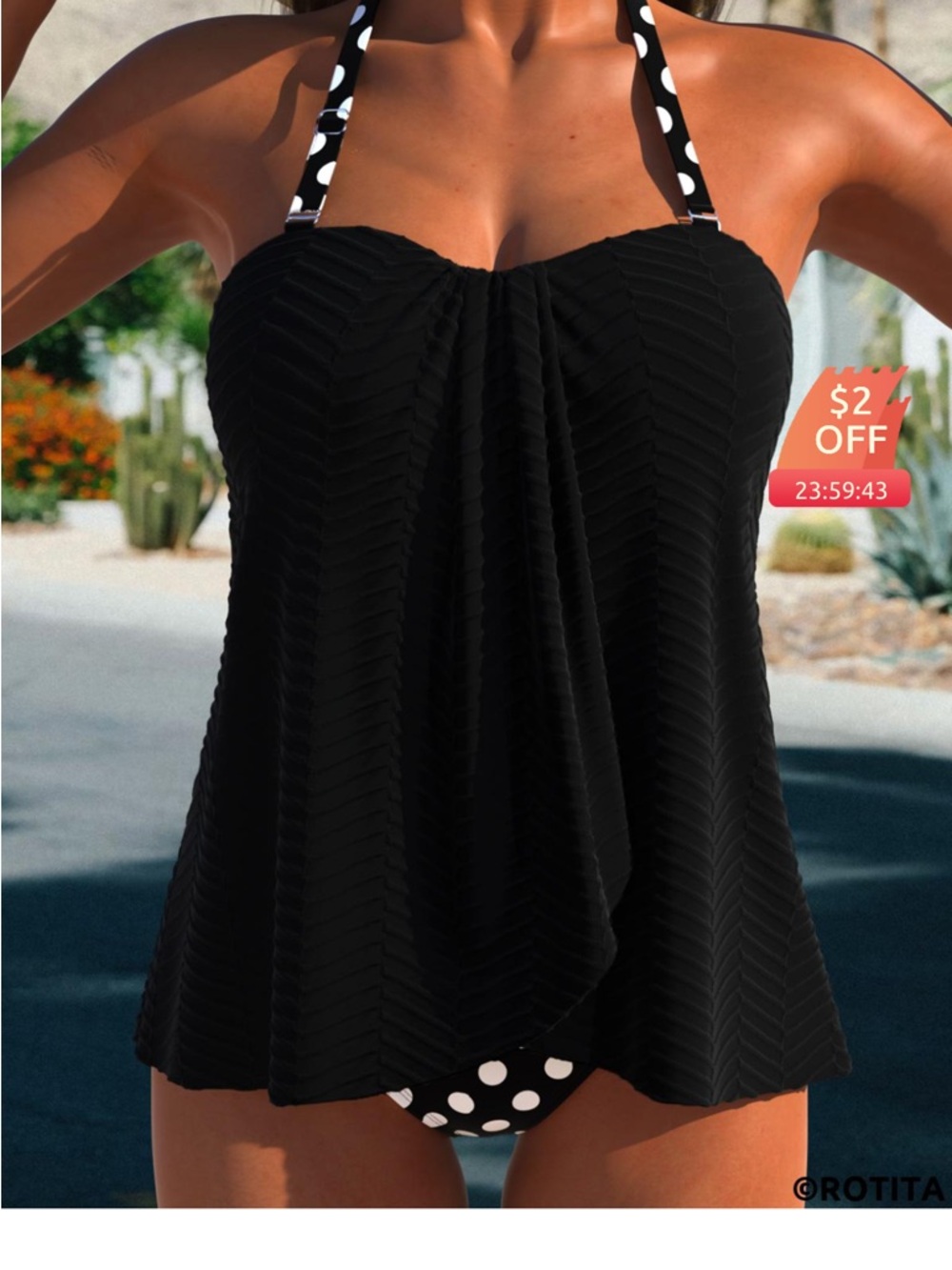 Rotors Black Polka Dot Halter Tankini Set – Size XL. Swimwear Beach Summer